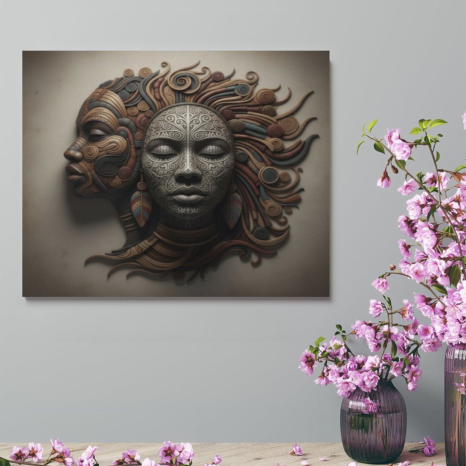 Rich and Rich Faces 16x20 framed canvas print featuring earthy tones and abstract face artwork