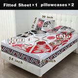 Crimson tribal patterned full fitted sheet with two matching pillowcases — side view