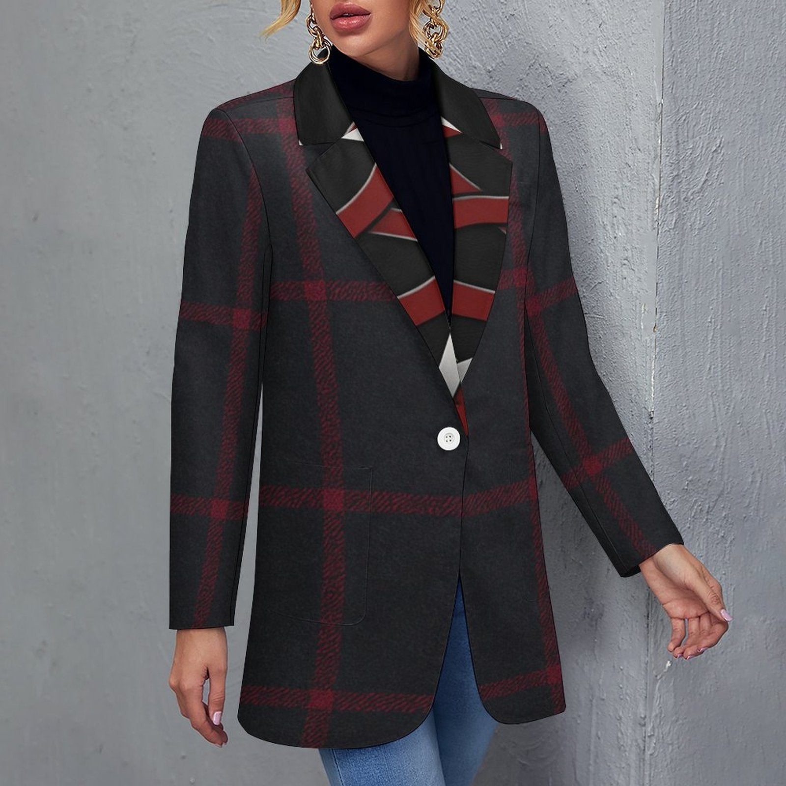Rich and Rich Women's Red Gray Casual Blazer with flat lapel collar and pockets