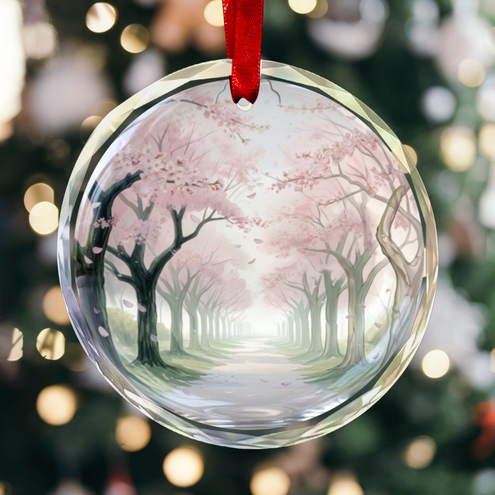 A Rich and Rich Cherry Blossom Trees Round Crystal Glass Ornament
