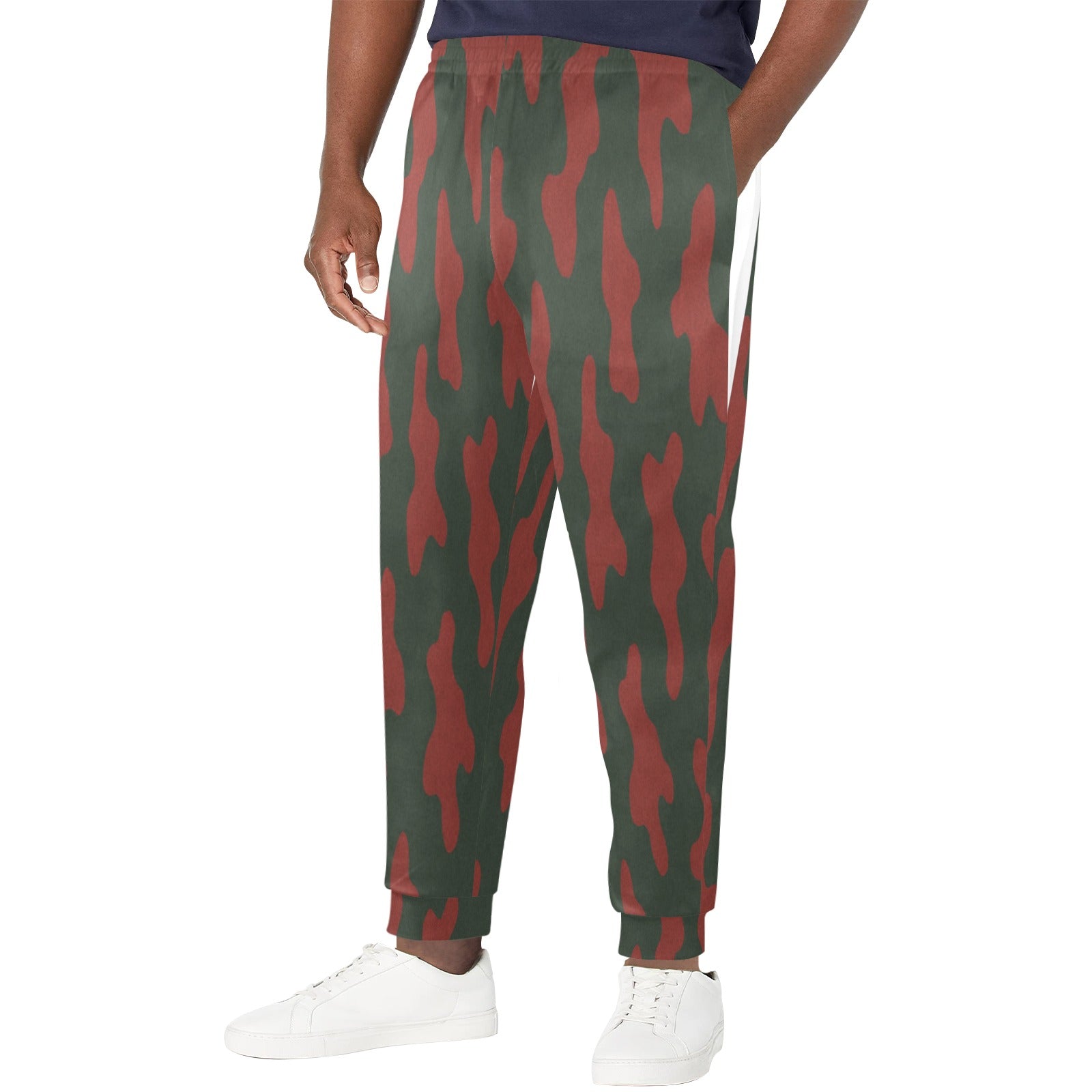 Men's red camouflage tapered sweatpants with drawstring waist and side pockets — product detail