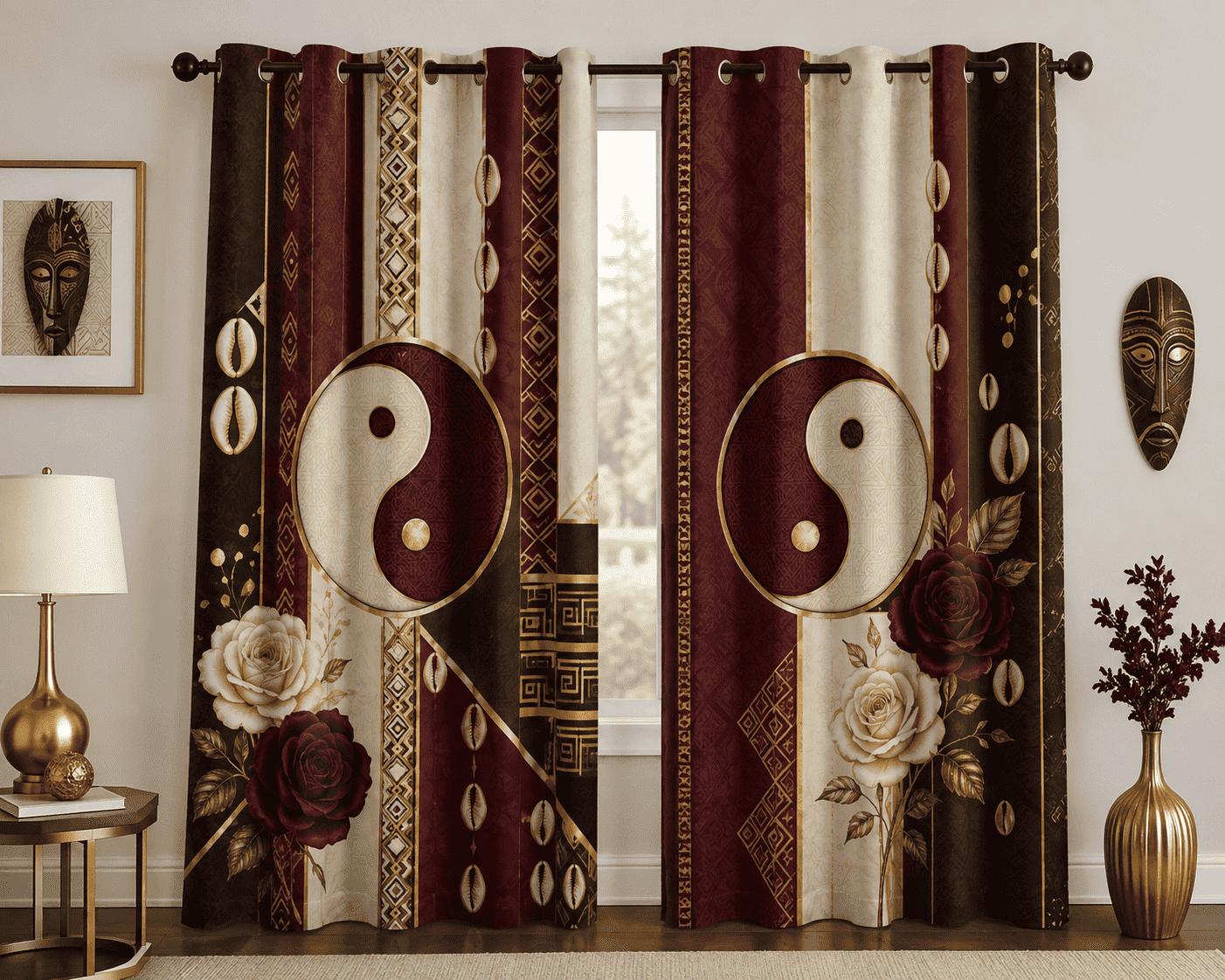 Pair of 52x63 blackout grommet curtains with Harmony Heritage burgundy and gold design