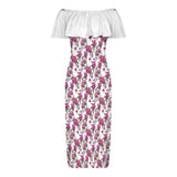 Women's off-shoulder fuchsia floral dress with ruffled boat neckline and lightweight fabric — side view