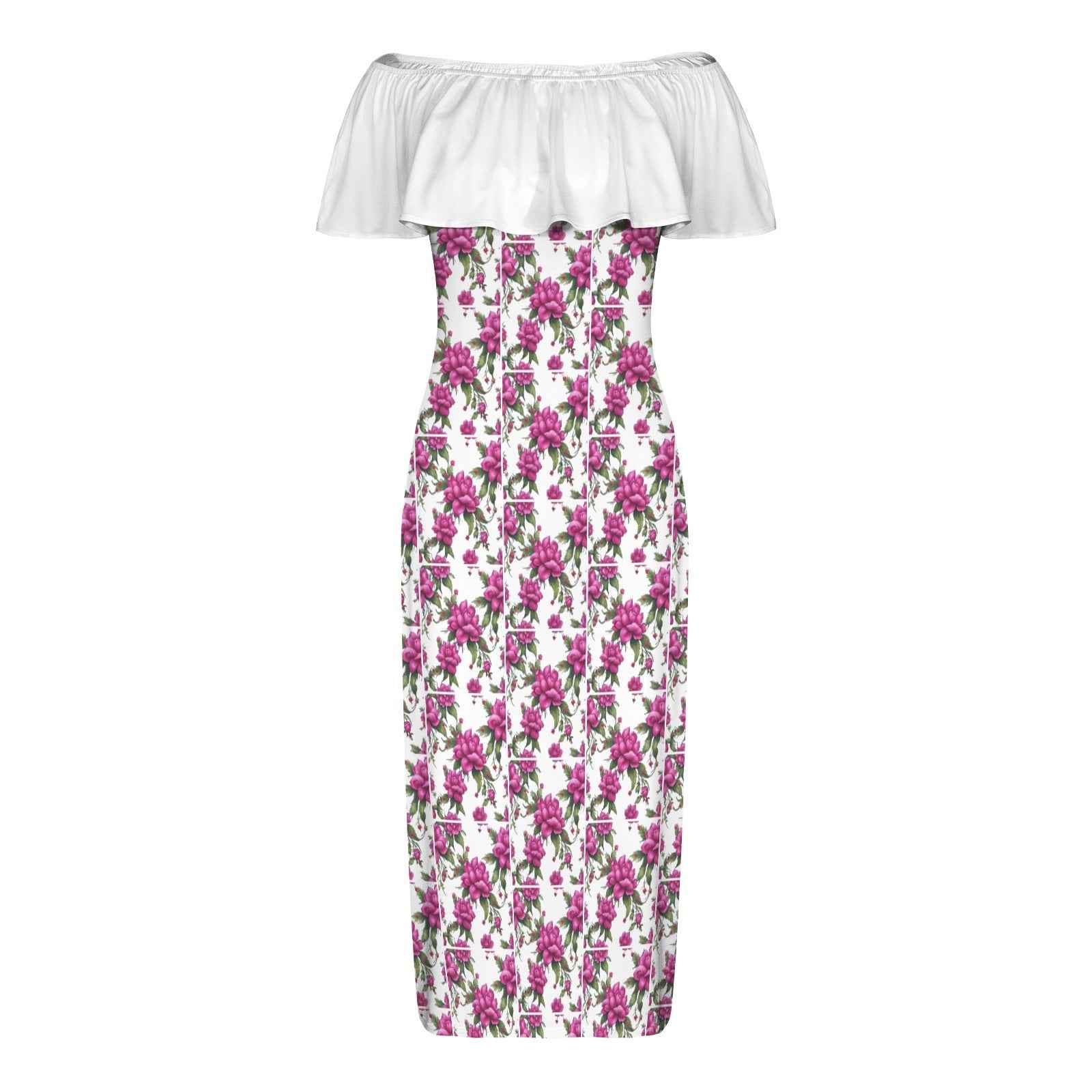 Women's off-shoulder fuchsia floral dress with ruffled boat neckline and lightweight fabric — side view