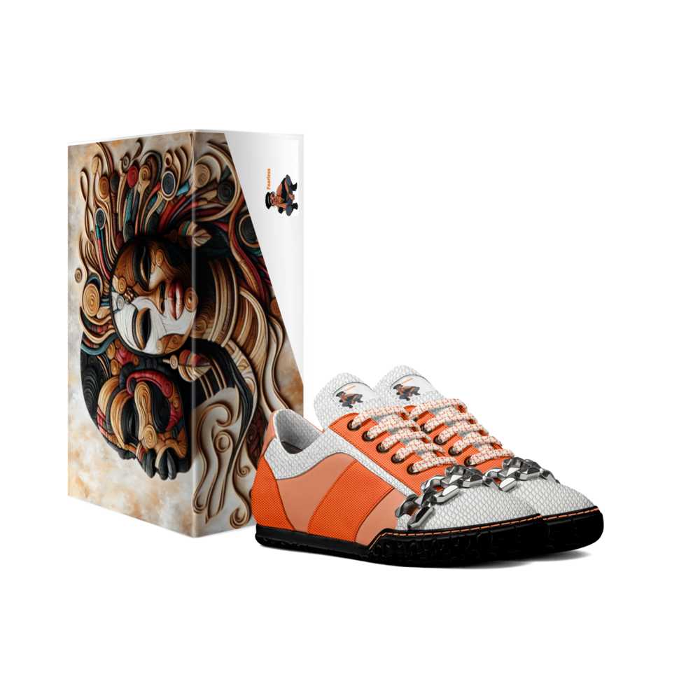 Orange low-top sneaker with chunky metal chain and textured leather panels — alternate view