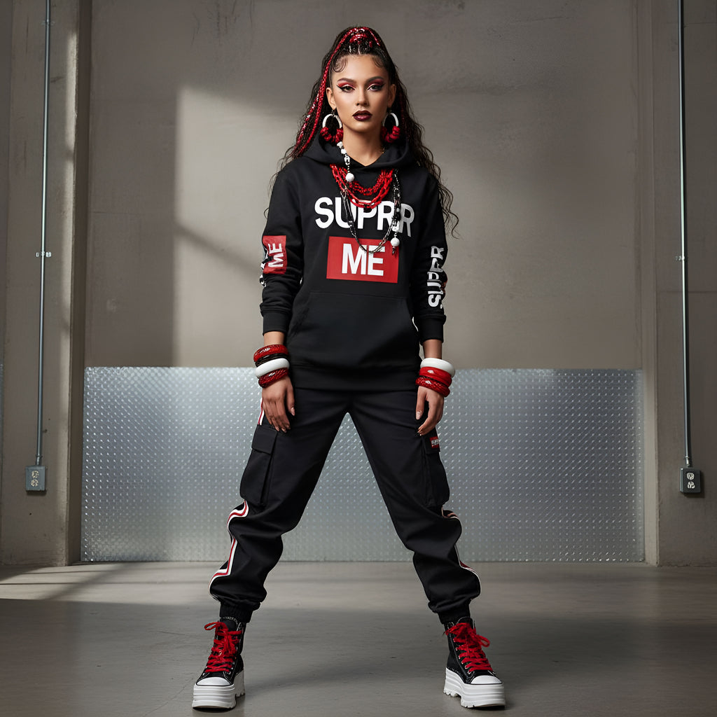 Rich and Rich SUPRR ME Women's Black Hoodie front view on model