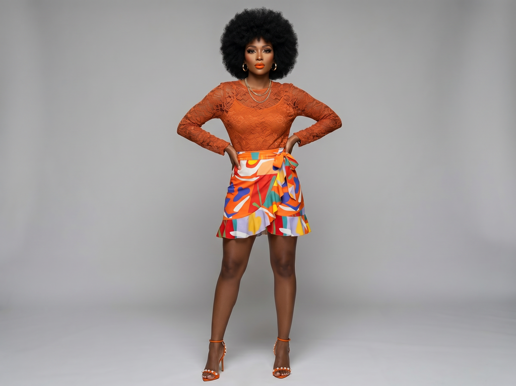 Rich and Rich Orange Abstract Designer Flounce Skirt