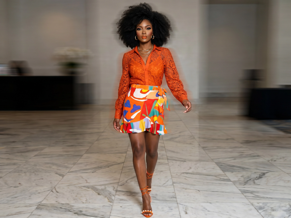 Rich and Rich Orange Abstract Designer Flounce Skirt