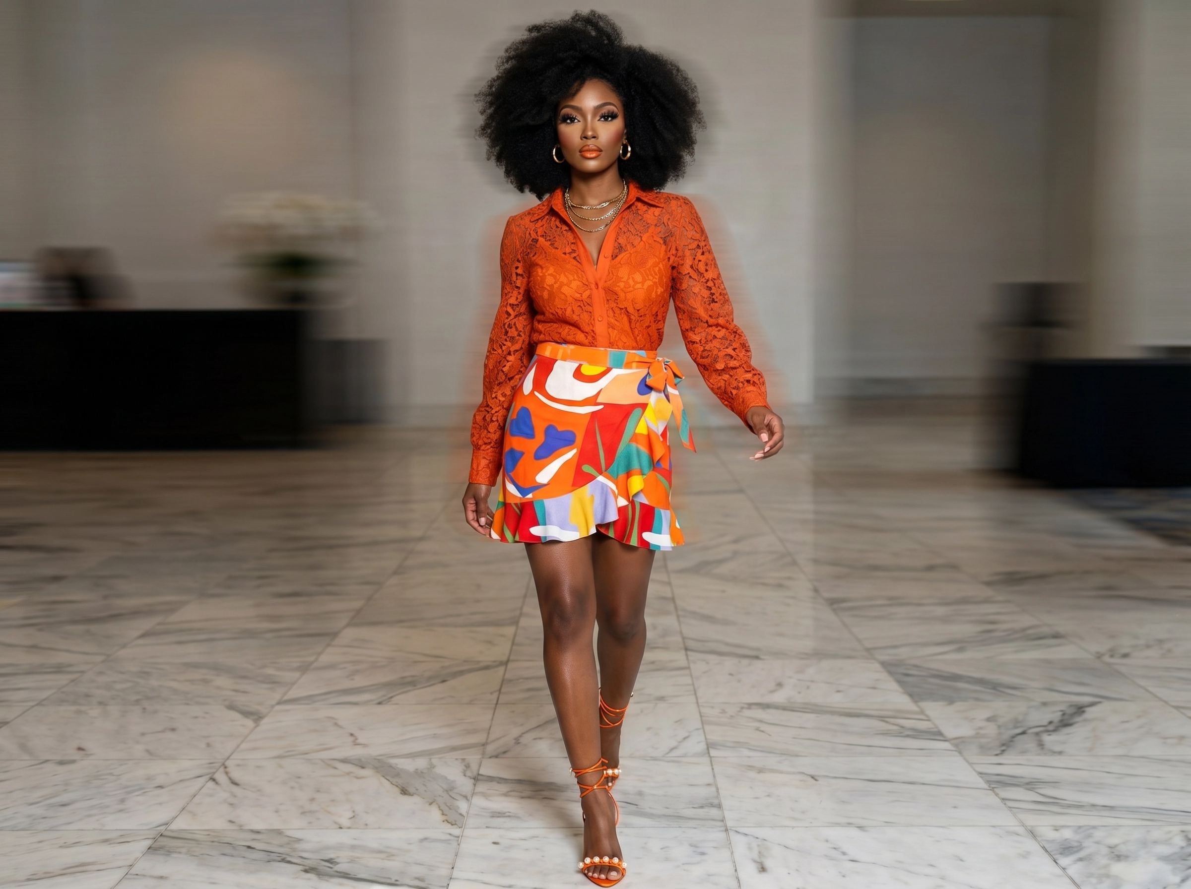 Rich and Rich Orange Abstract Designer Flounce Skirt