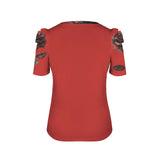 Women's crew neck puff sleeve T-shirt with red rose all-over print — rear view