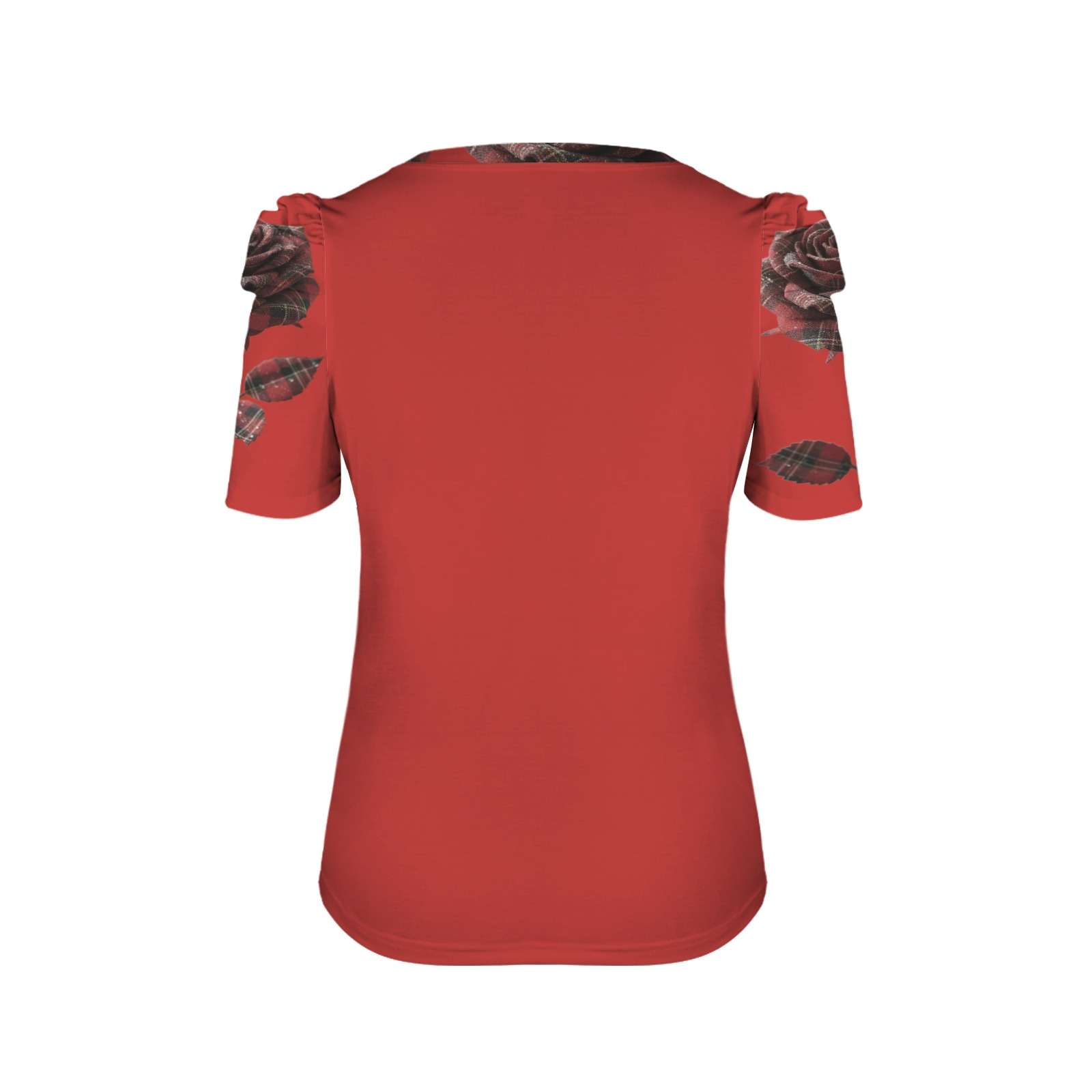 Women's crew neck puff sleeve T-shirt with red rose all-over print — rear view