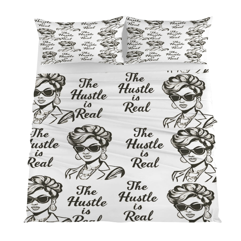 Rich and Rich The Hustle Is Real White 4-Piece Bedding Set with quilt cover, fitted sheet, and pillow shams