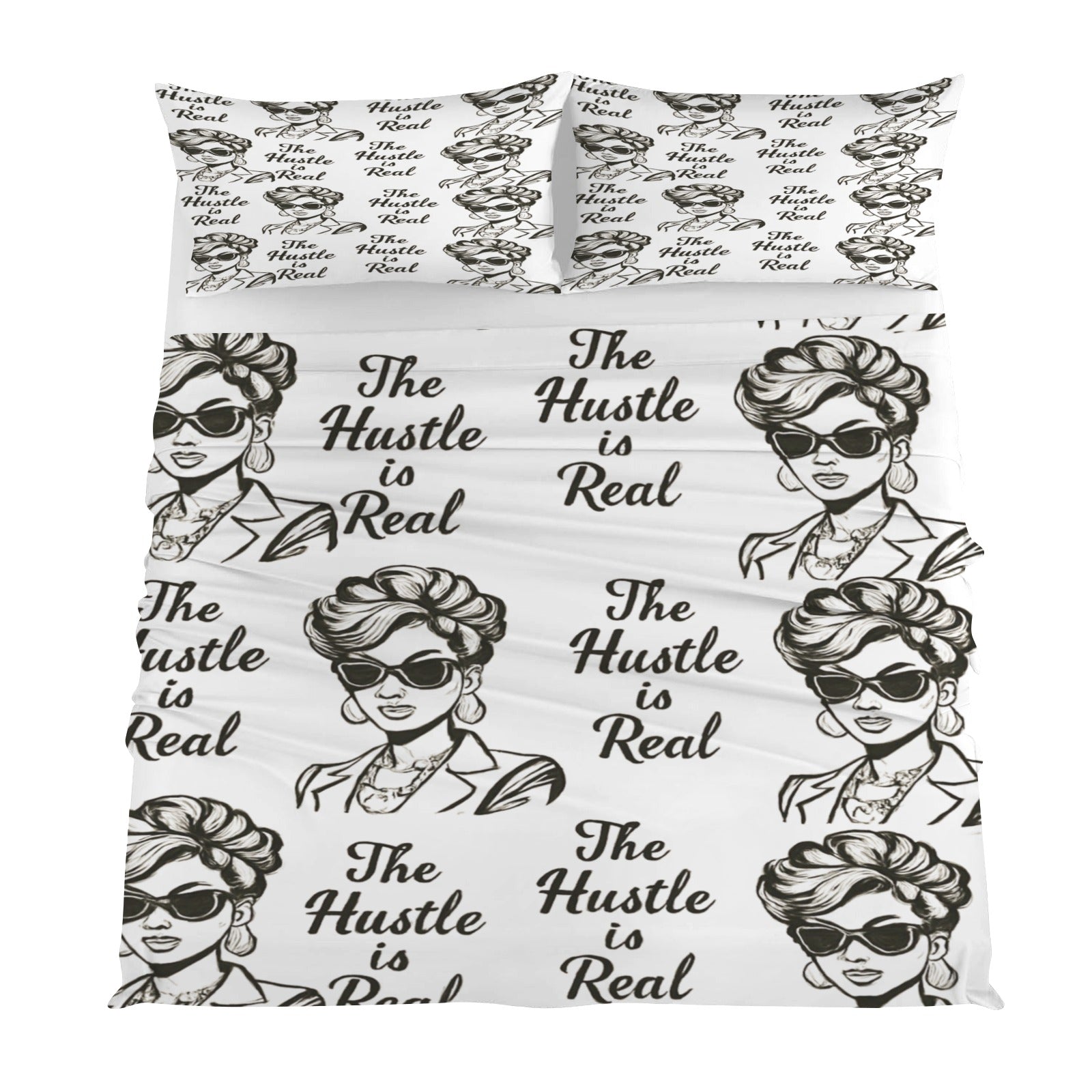 Rich and Rich The Hustle Is Real White 4-Piece Bedding Set with Quilt Cover, Fitted Sheet, 2 Pillow Shams
