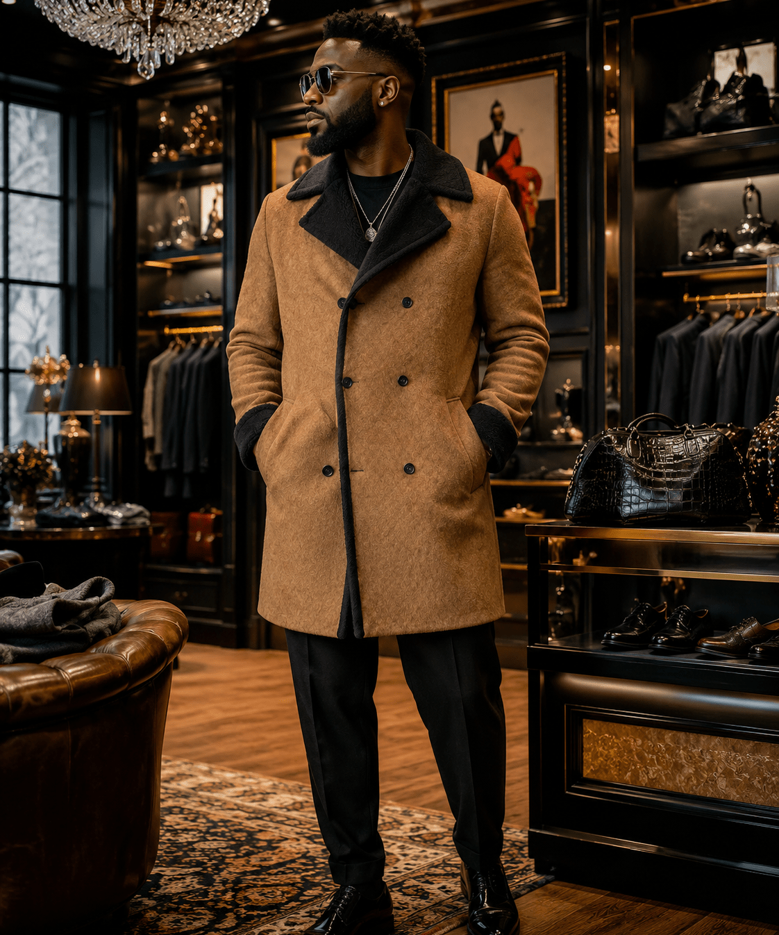 Men's knee-length tan double-breasted coat with black sherpa fleece lining