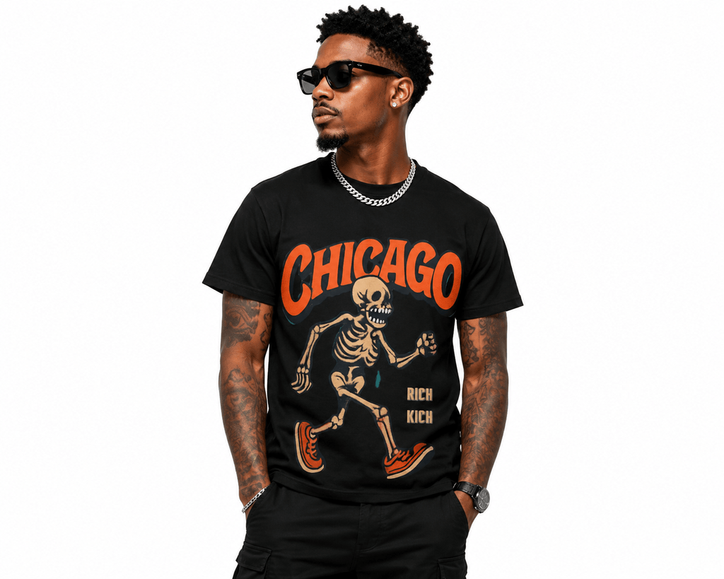 Chicago Skeleton Graphic Tee for Unisex, Halloween Apparel, Casual Streetwear, Unique Gifts, Music Festival Shirt - Rich and Rich Homeopportunities