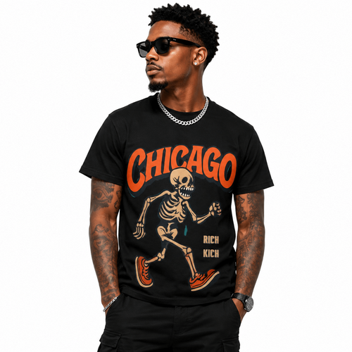 Unisex black Chicago skeleton graphic tee modeled with streetwear style