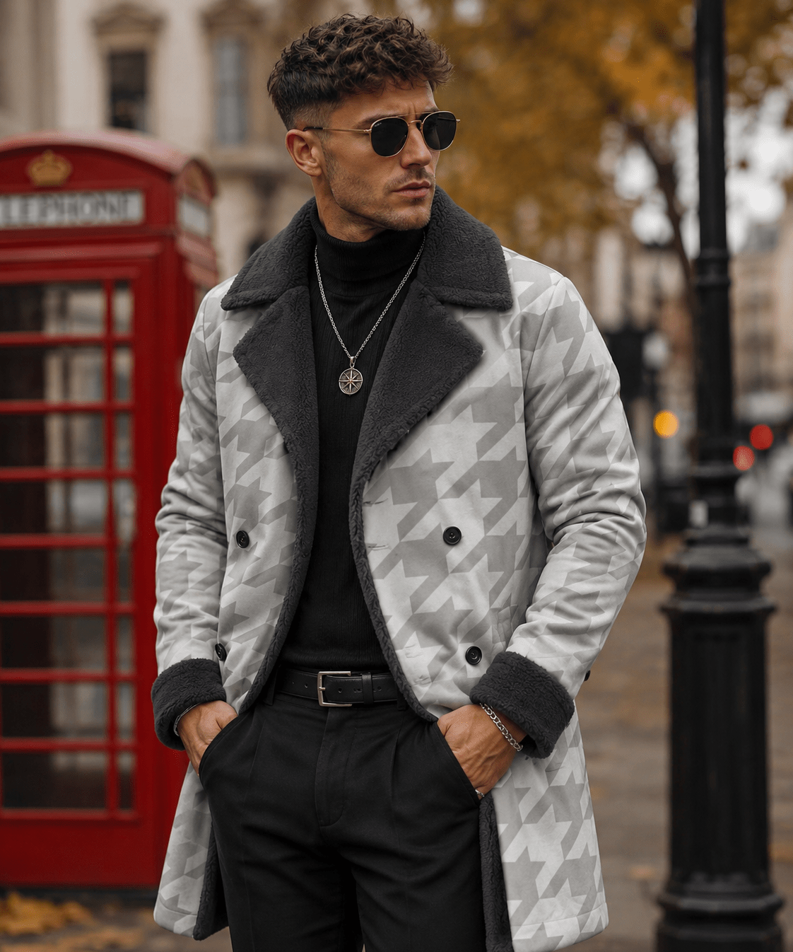 Men's knee-length white houndstooth double-breasted coat with black sherpa lining