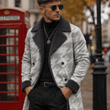 Men's knee-length white houndstooth double-breasted coat with black sherpa lining