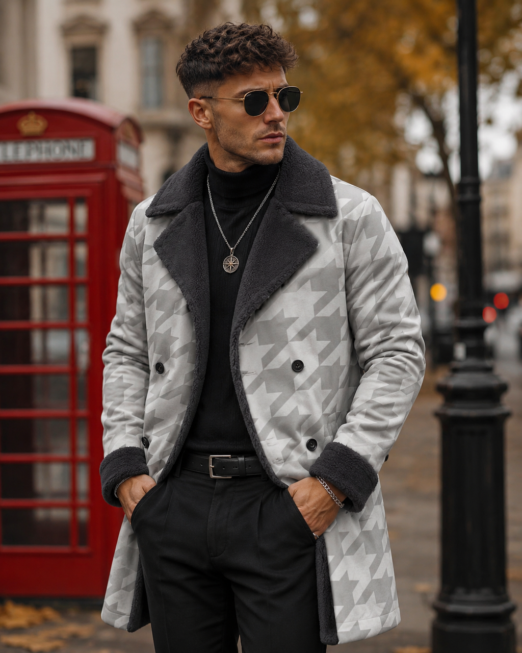A Rich and Rich White Houndstooth Men's Double Breasted Coat