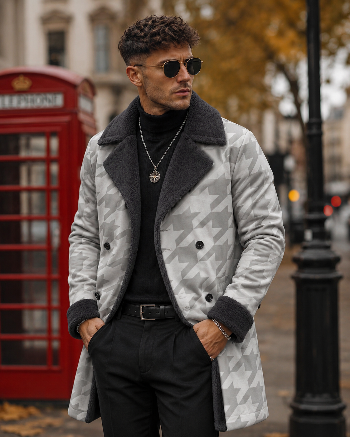 A Rich and Rich White Houndstooth Men's Double Breasted Coat