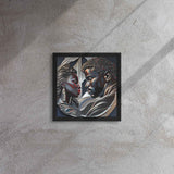 Framed canvas print of a couple in a pine floating frame with attached hanging hardware and corner pads — product detail