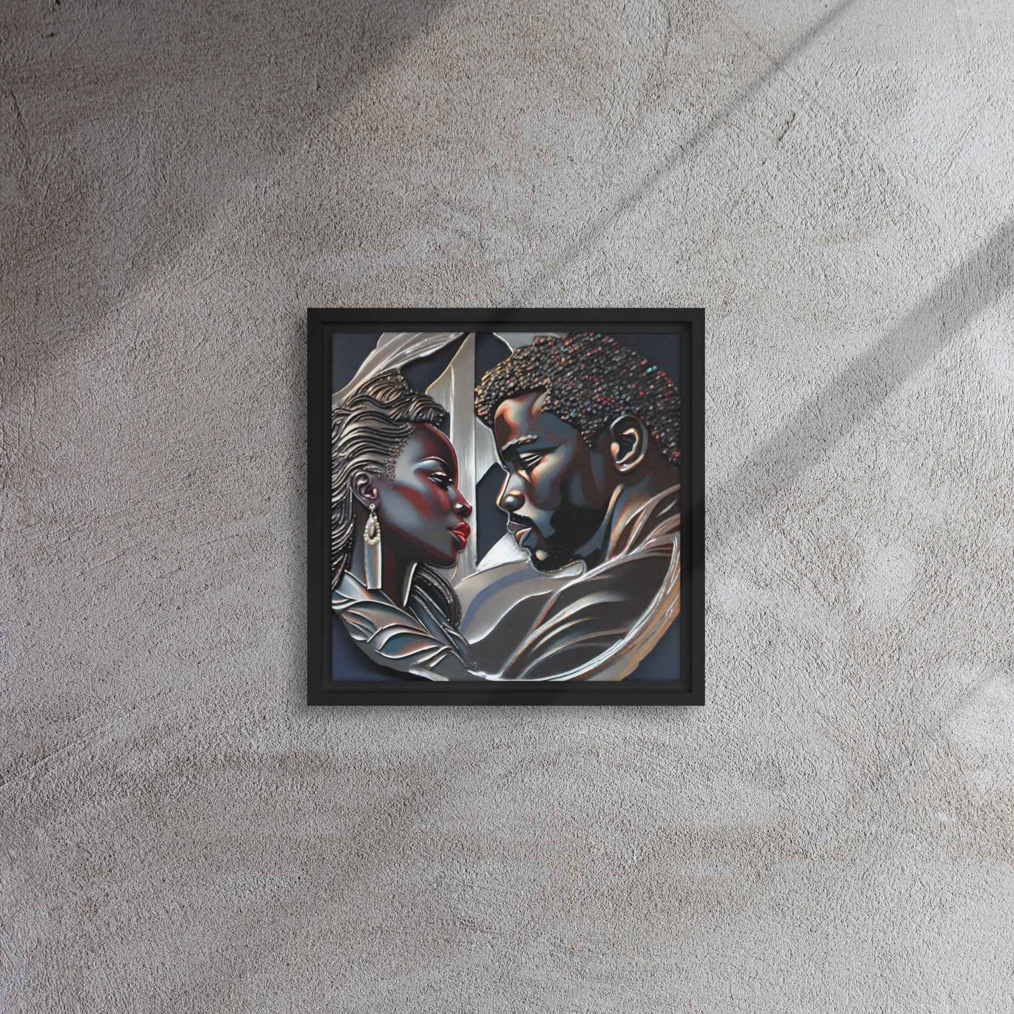 Framed canvas print of a couple in a pine floating frame with attached hanging hardware and corner pads — product detail