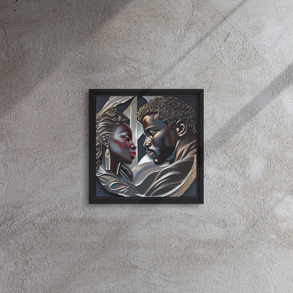 Rich and Rich Couple framed canvas wall art with pine tree frame hanging on white wall