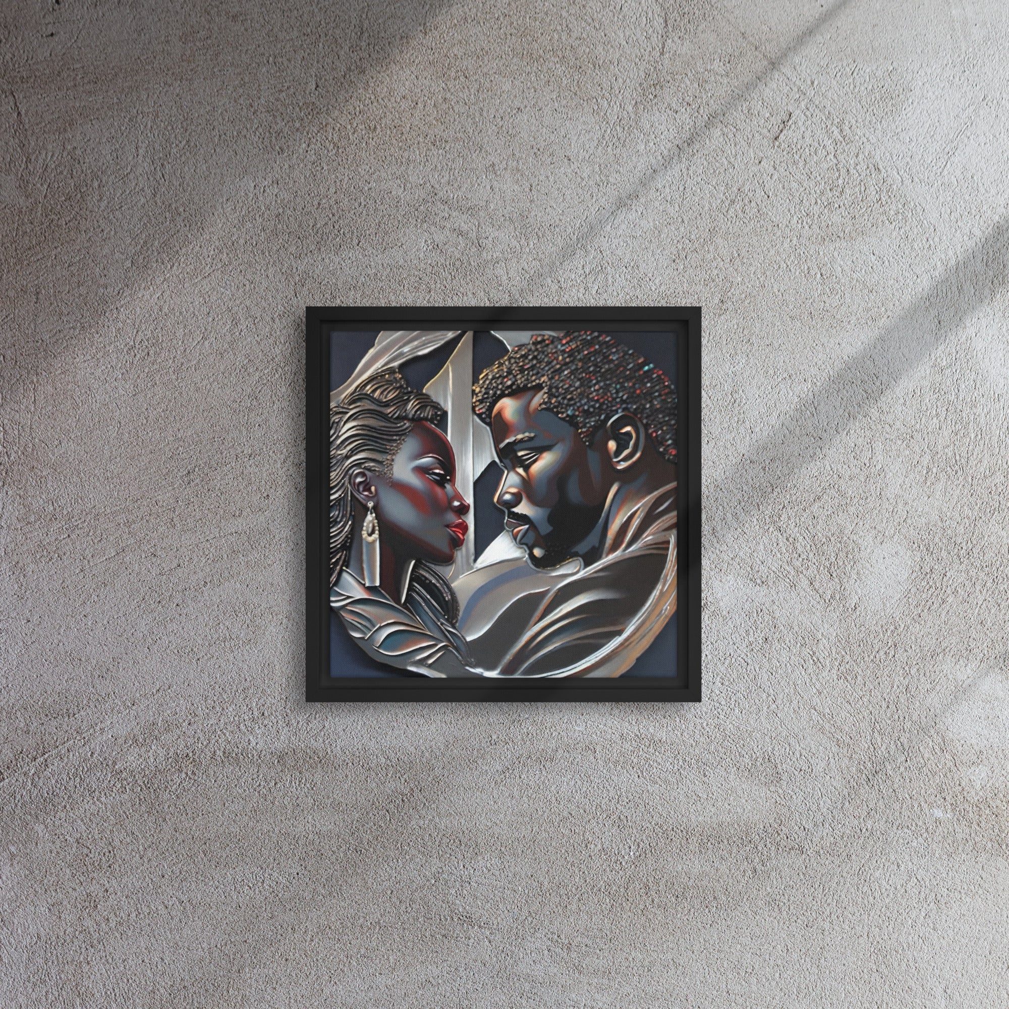Rich and Rich Couple framed canvas wall art with pine tree frame hanging on white wall