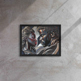 Framed canvas print of a couple in a pine floating frame with attached hanging hardware and corner pads — side view