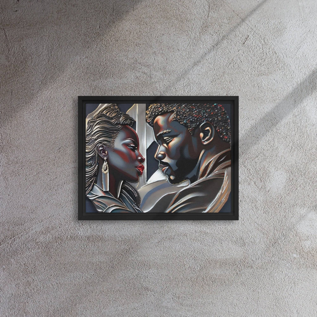 Rich and Rich Couple framed canvas wall art with pine tree frame hanging on white wall