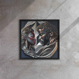 Framed canvas print of a couple in a pine floating frame with attached hanging hardware and corner pads — rear view