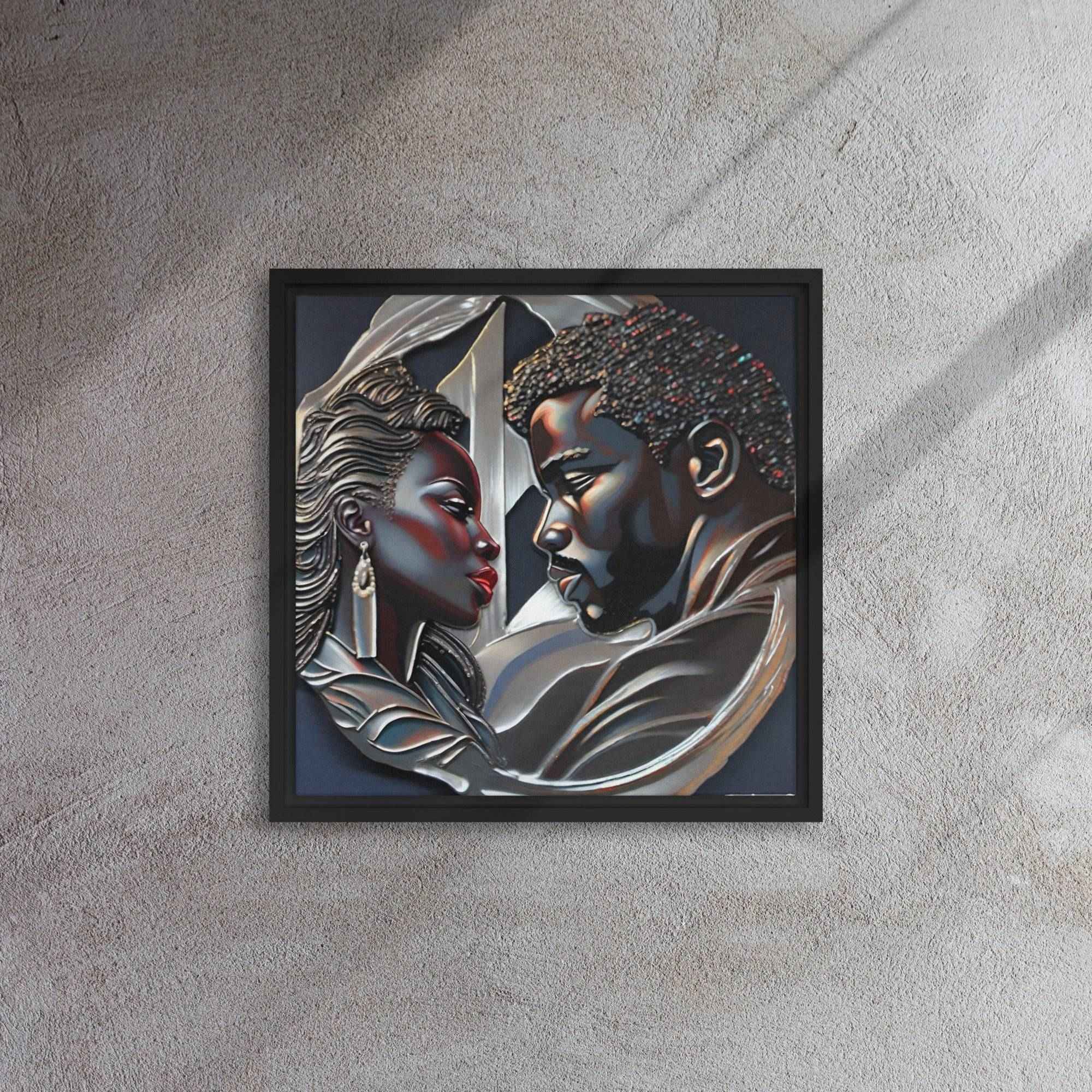 Framed canvas print of a couple in a pine floating frame with attached hanging hardware and corner pads — rear view