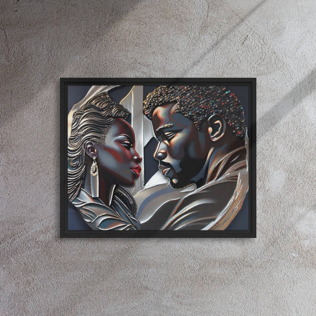 Rich and Rich Couple framed canvas wall art with pine tree frame hanging on white wall