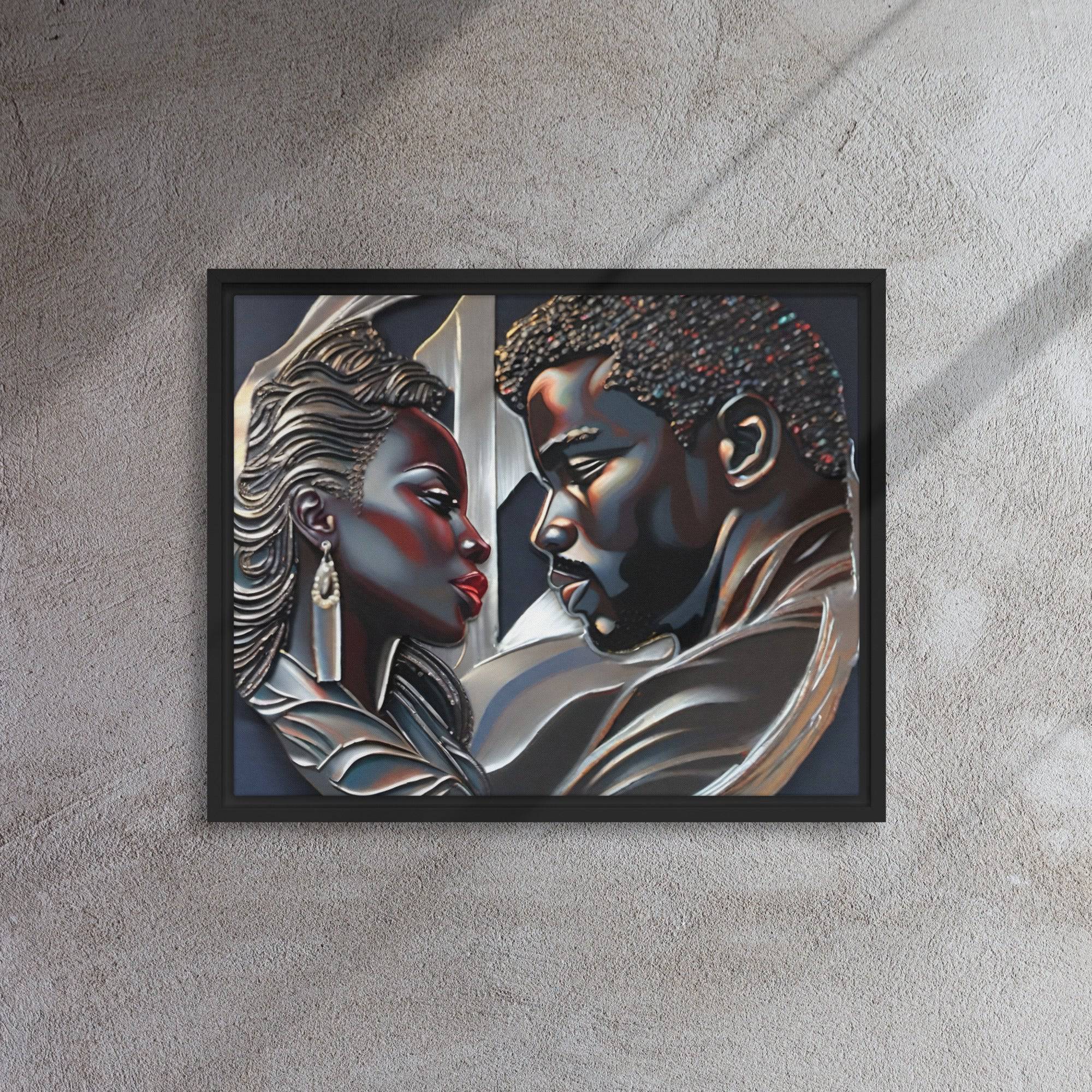 Rich and Rich Couple framed canvas wall art with pine tree frame hanging on white wall