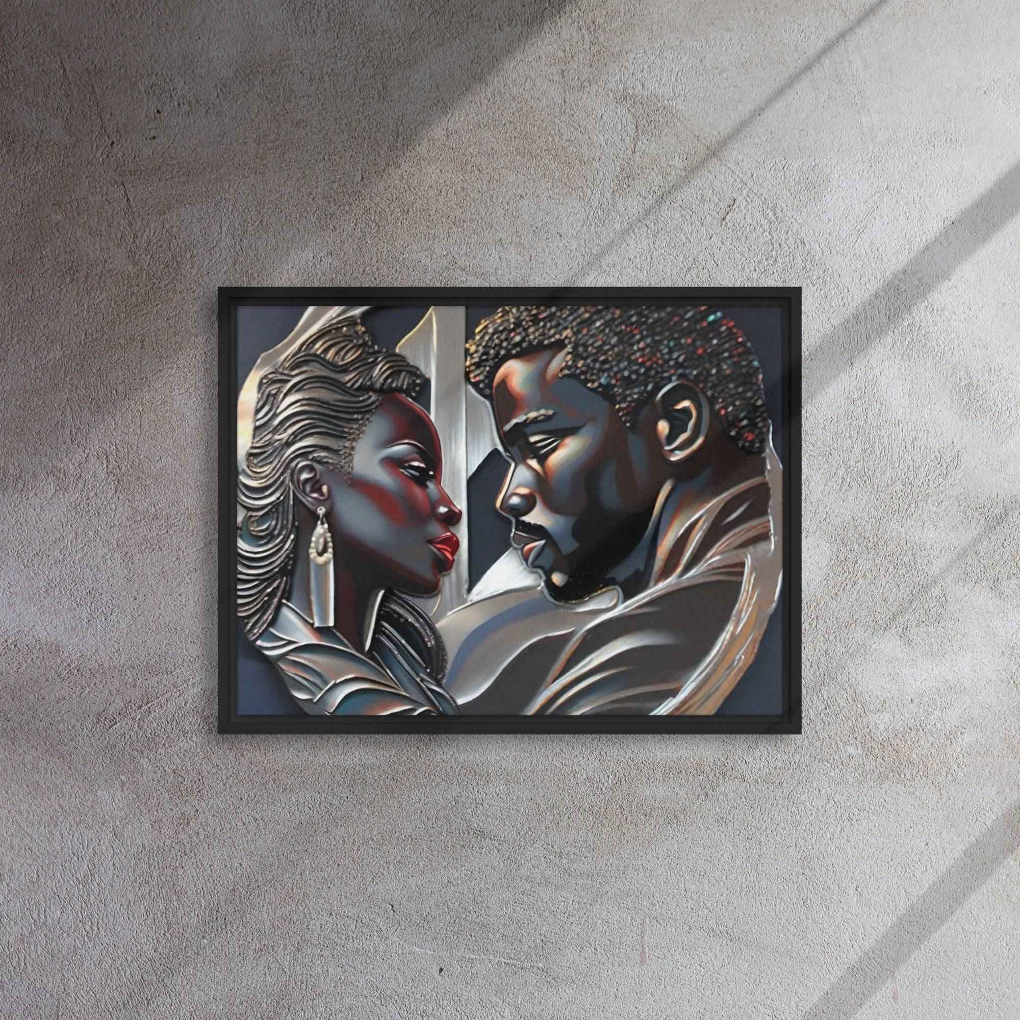 Framed canvas print of a couple in a pine floating frame with attached hanging hardware and corner pads — additional view 7