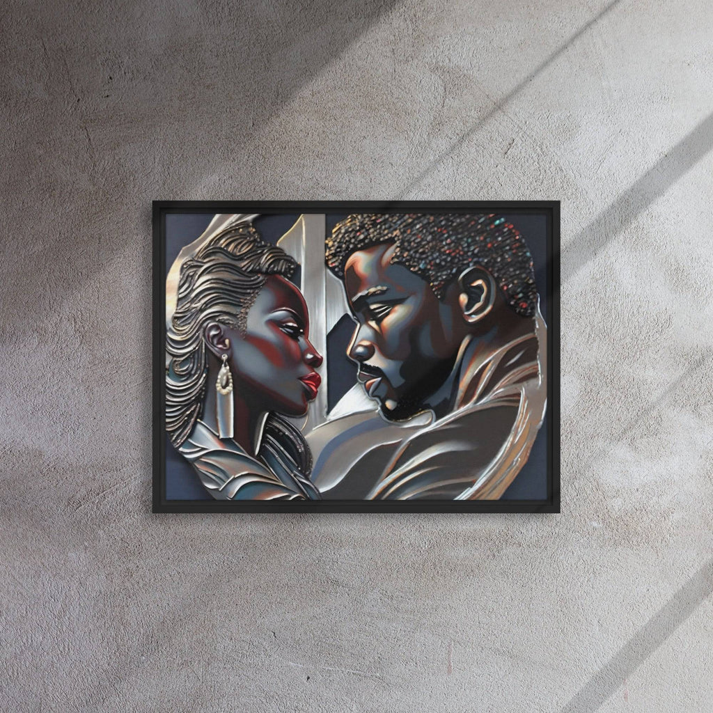 Rich and Rich Couple framed canvas wall art with pine tree frame hanging on white wall