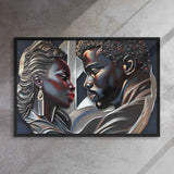 Framed canvas print of a couple in a pine floating frame with attached hanging hardware and corner pads — alternate view