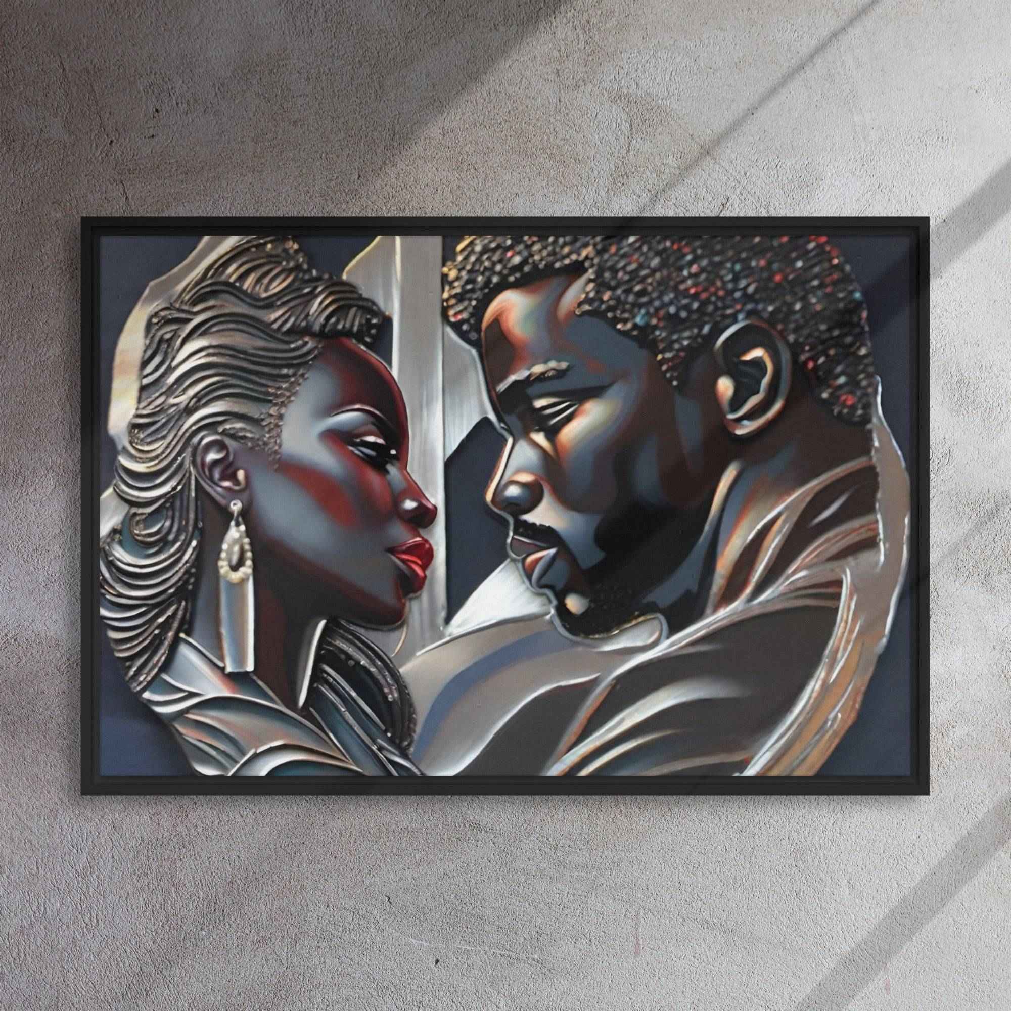 Framed canvas print of a couple in a pine floating frame with attached hanging hardware and corner pads — alternate view