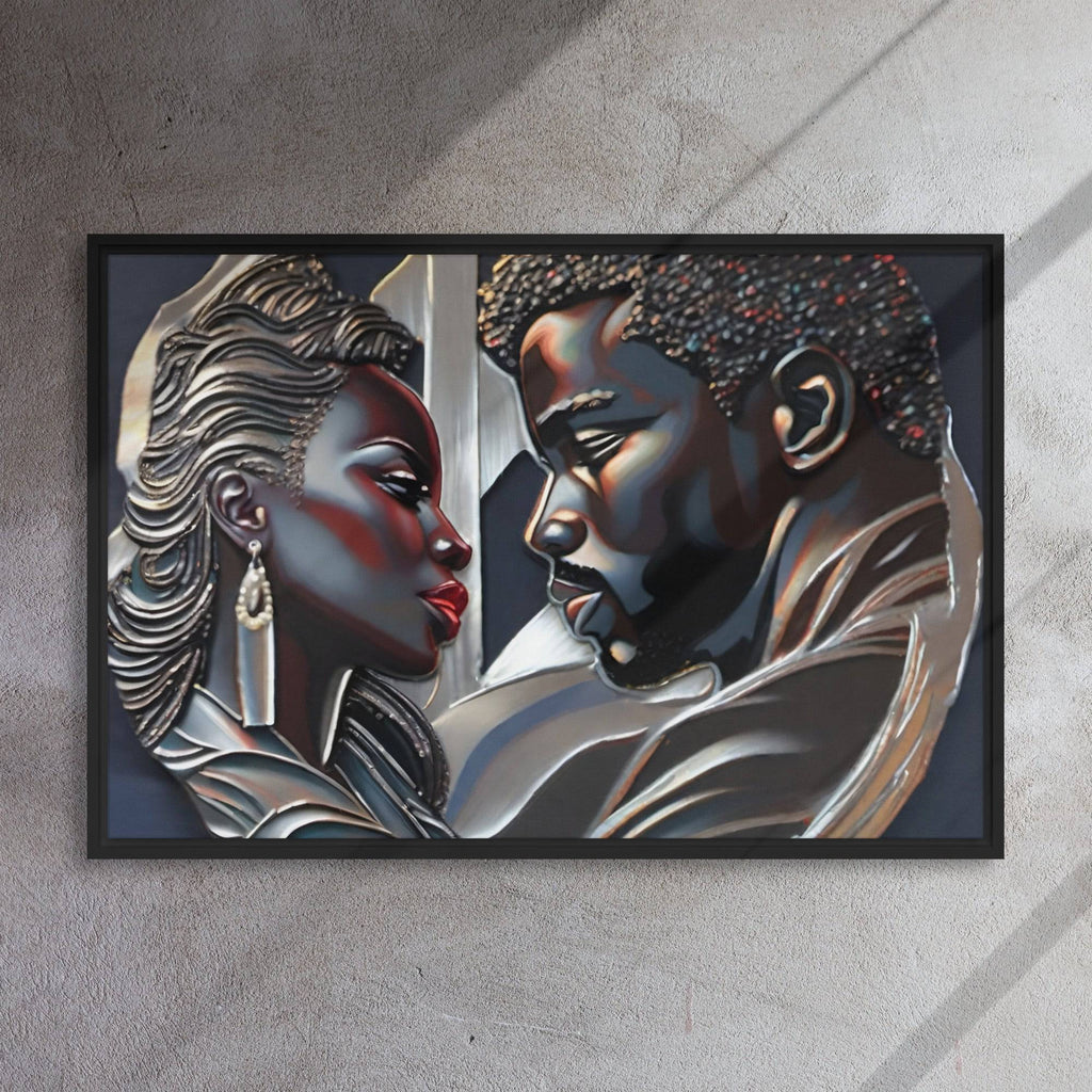 Rich and Rich Couple framed canvas wall art with pine tree frame hanging on white wall