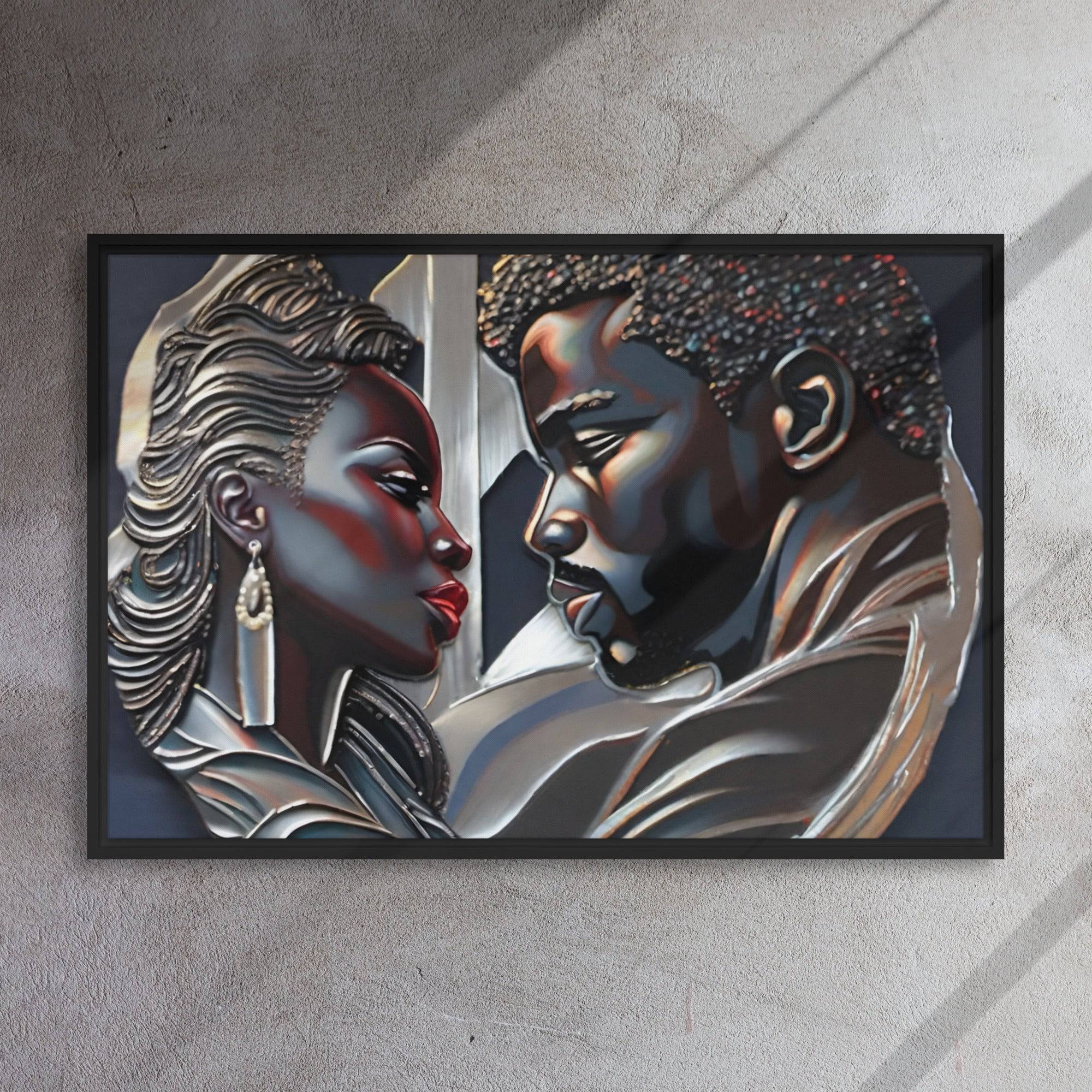 Rich and Rich Couple framed canvas wall art with pine tree frame hanging on white wall