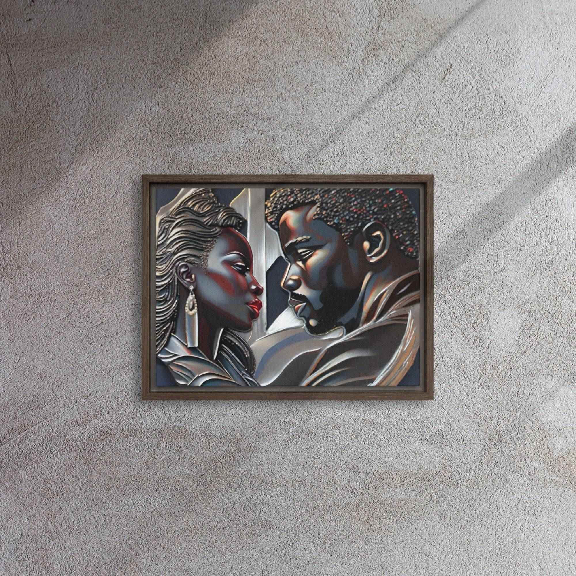 Framed canvas print of a couple in a pine floating frame with attached hanging hardware and corner pads — additional view 9