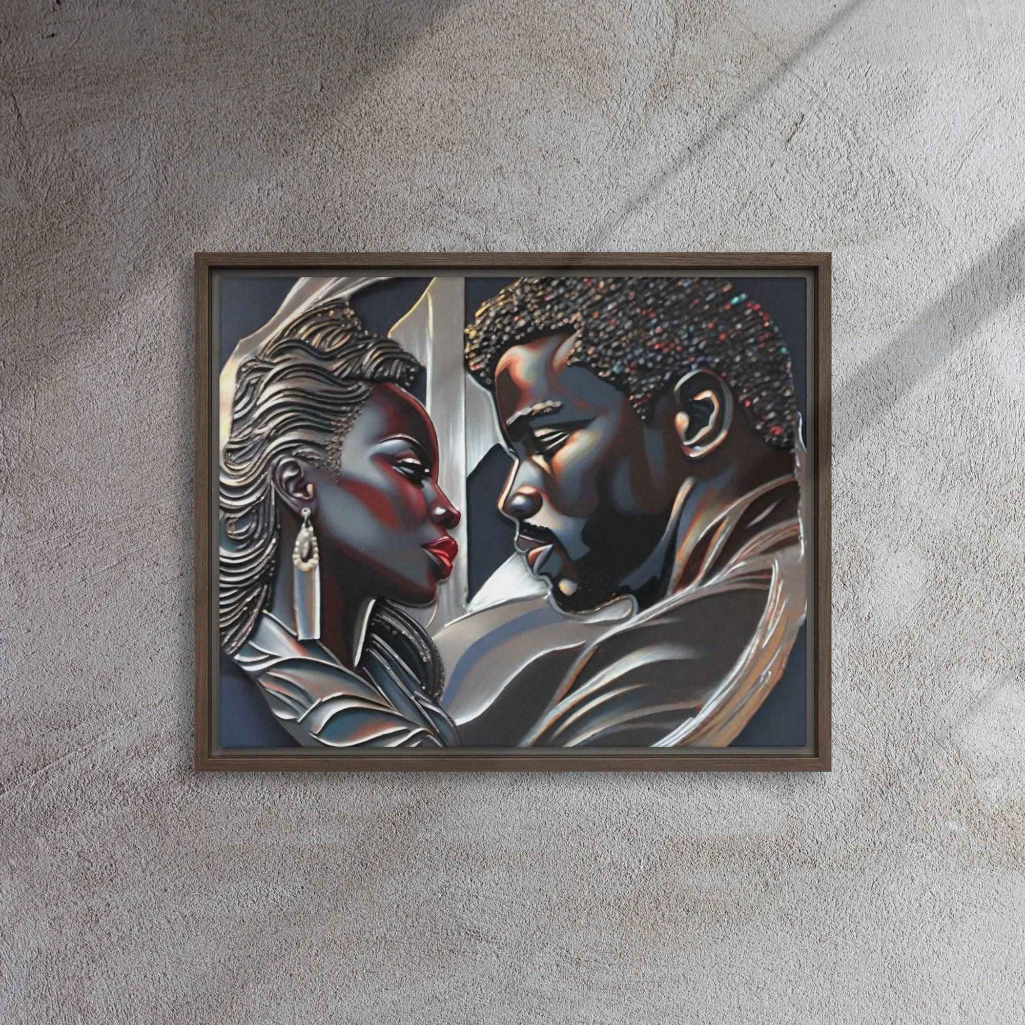 Framed canvas print of a couple in a pine floating frame with attached hanging hardware and corner pads — additional view 11