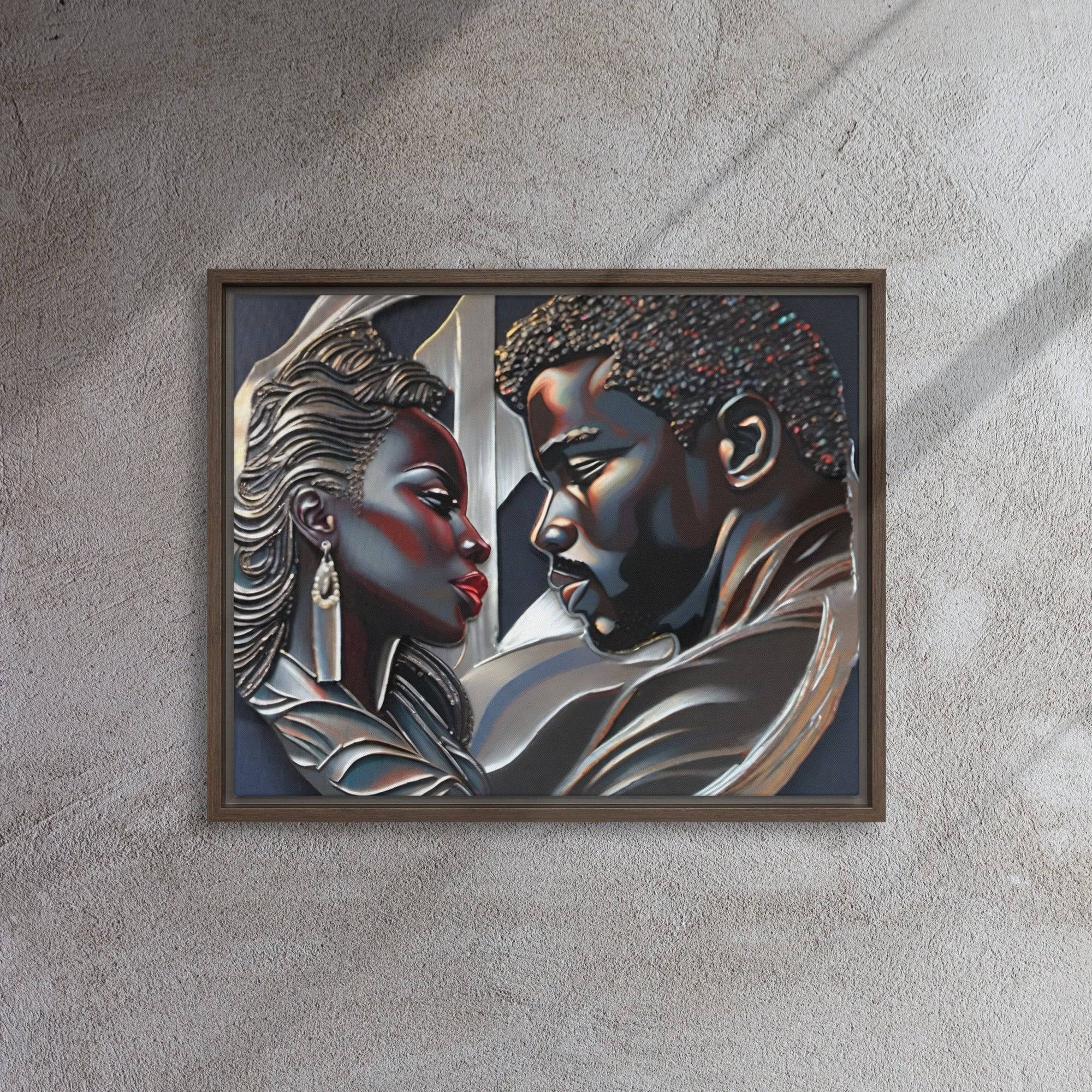 Rich and Rich Couple framed canvas wall art with pine tree frame hanging on white wall