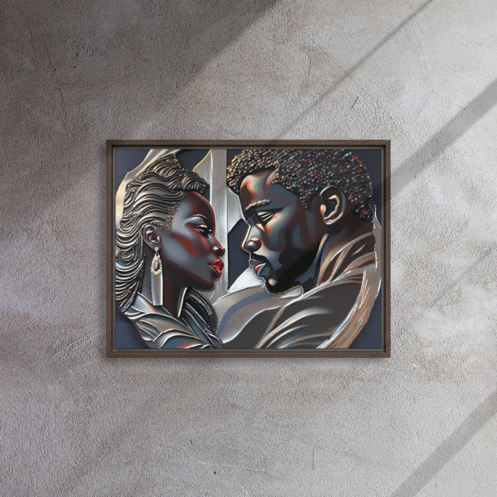 Rich and Rich Couple framed canvas wall art with pine tree frame hanging on white wall