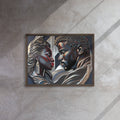 Rich and Rich Couple framed canvas wall art with pine tree frame hanging on white wall