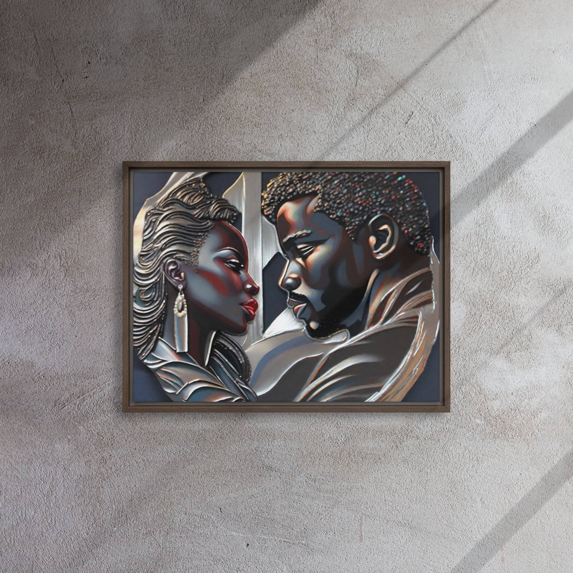 Rich and Rich Couple framed canvas wall art with pine tree frame hanging on white wall