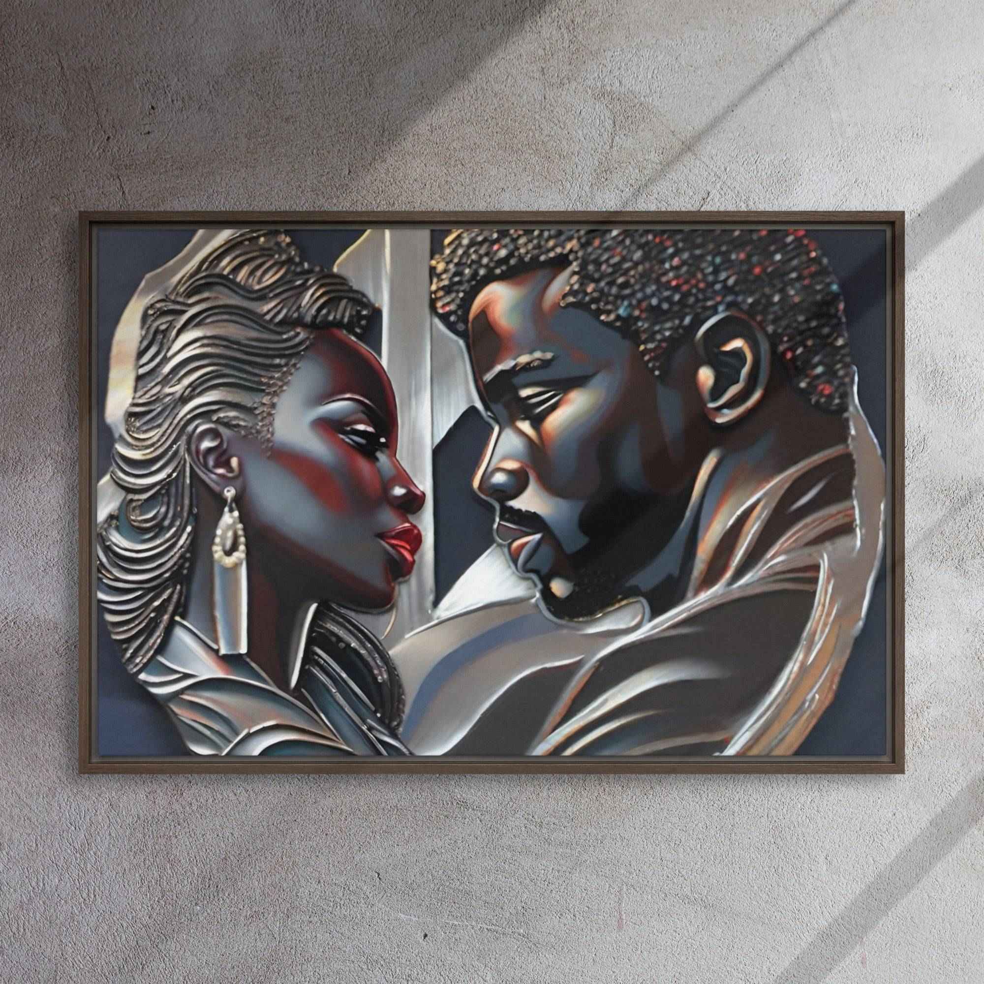 Framed canvas print of a couple in a pine floating frame with attached hanging hardware and corner pads — additional view 13