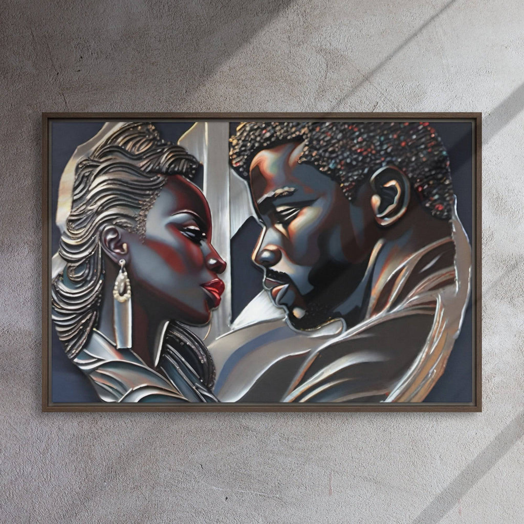 Rich and Rich Couple framed canvas wall art with pine tree frame hanging on white wall