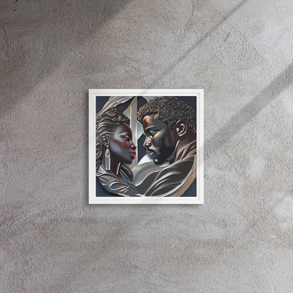 Rich and Rich Couple framed canvas wall art with pine tree frame hanging on white wall