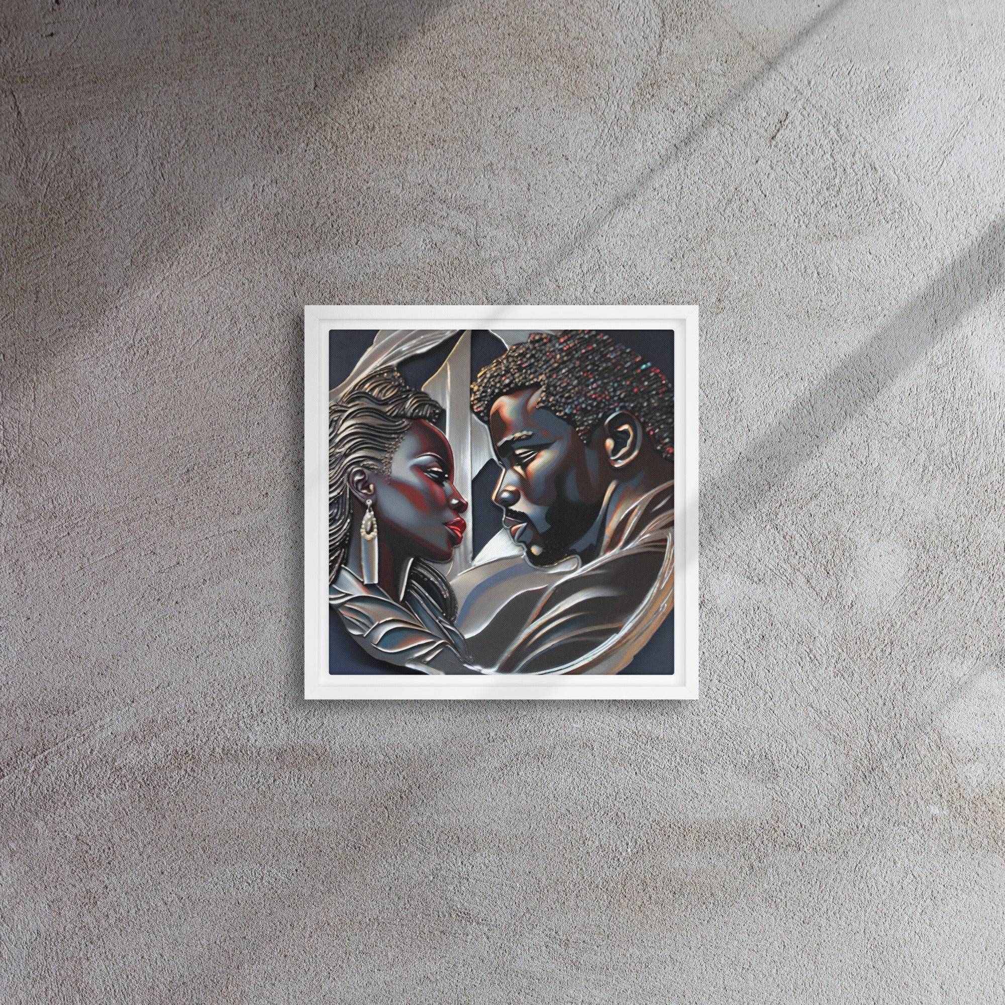 Rich and Rich Couple framed canvas wall art with pine tree frame hanging on white wall